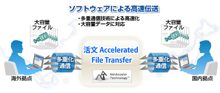 「活文 Accelerated File Transfer」は、多重セッション技術により、データ転送の高速化、大容量（GByteレベル）転送に対応します