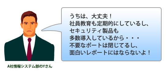 A社情報システム部のYさん「うちは、大丈夫！社員教育も定期的にしているし、セキュリティ製品も多数導入しているから・・・不要なポートは閉じてるし、面白いレポートにはならないよ！」