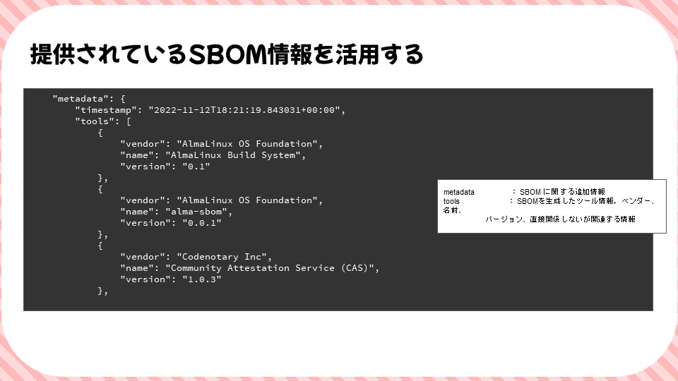 提供されているSBOM情報を活用するのスライド